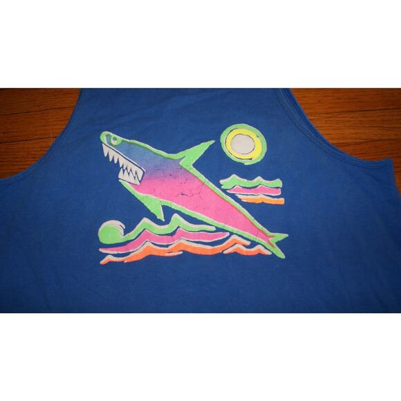 Vintage 90s Neon Shark Ocean Sun XL Blue Tank Top TShirt USA Made Single Stitch - Picture 3 of 10